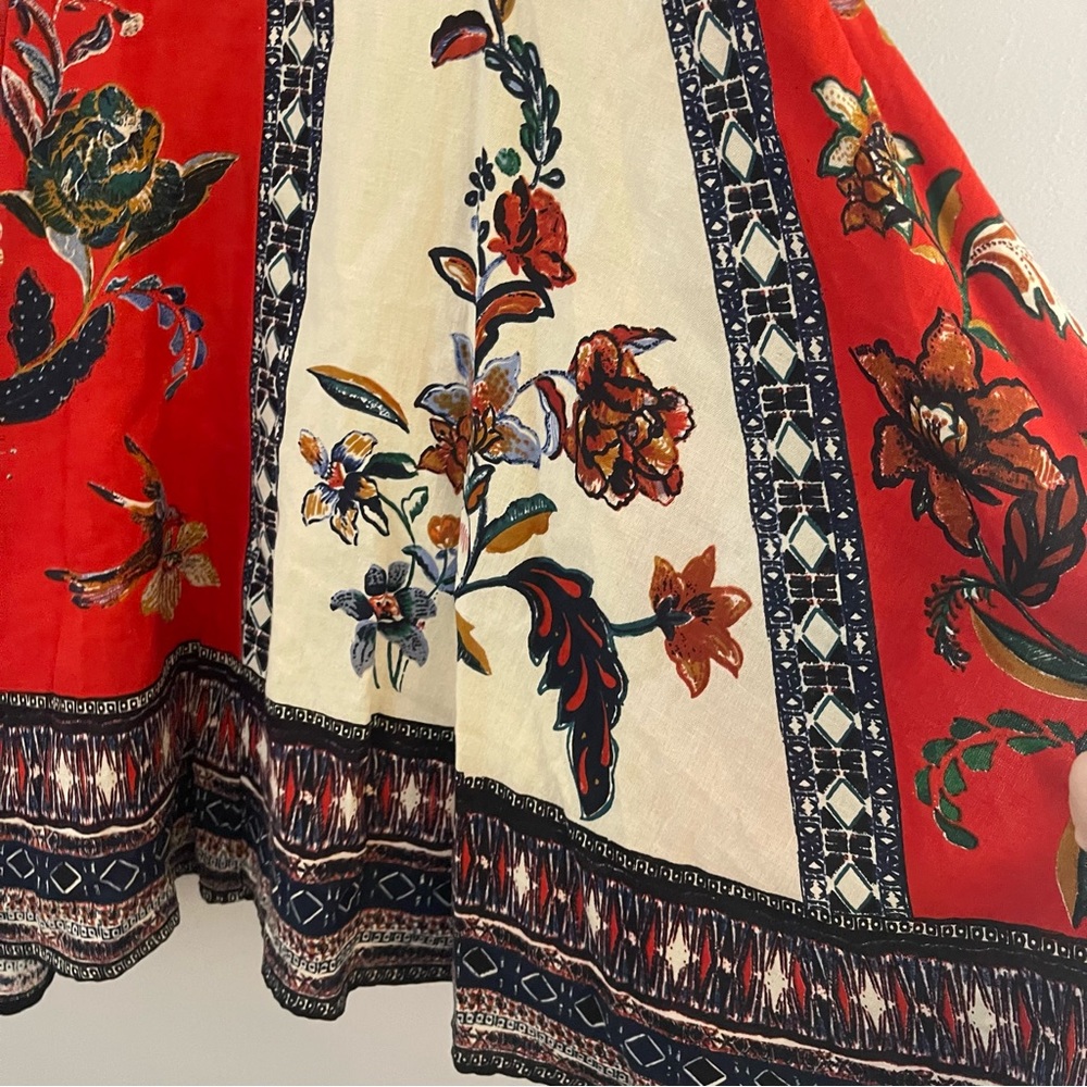 Red Blue Anthro Maeve Cotton Flax Trapeze Paisley Dress S - Picture 11 of 12
